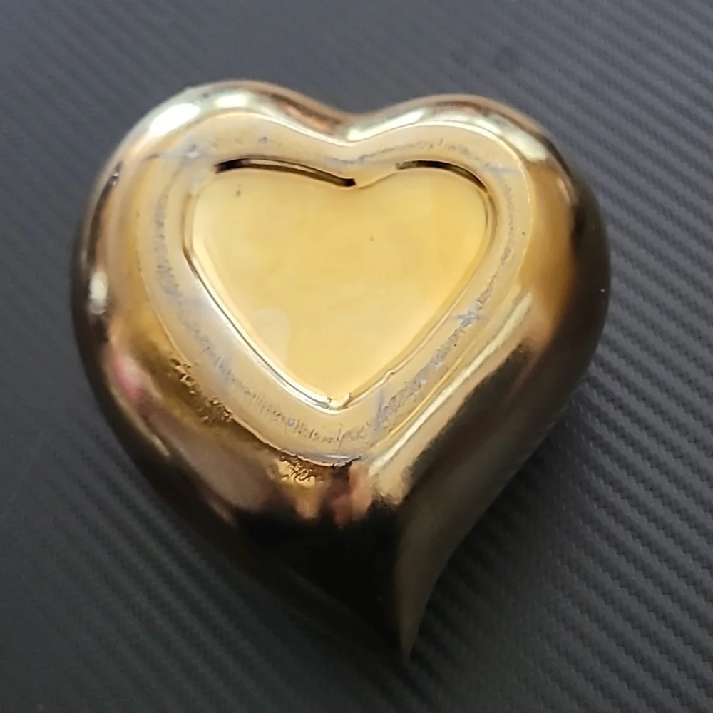 Gold Tone Ceramic Puffy Heart Jewelry Trinket Box